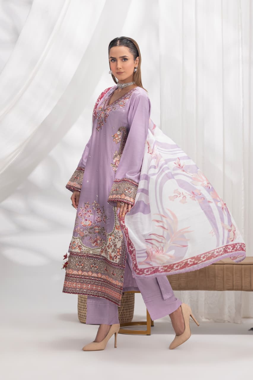 Hareemz Viscos Monark Digital Dupptta Stitched 3 Piece Suit Color Pink
