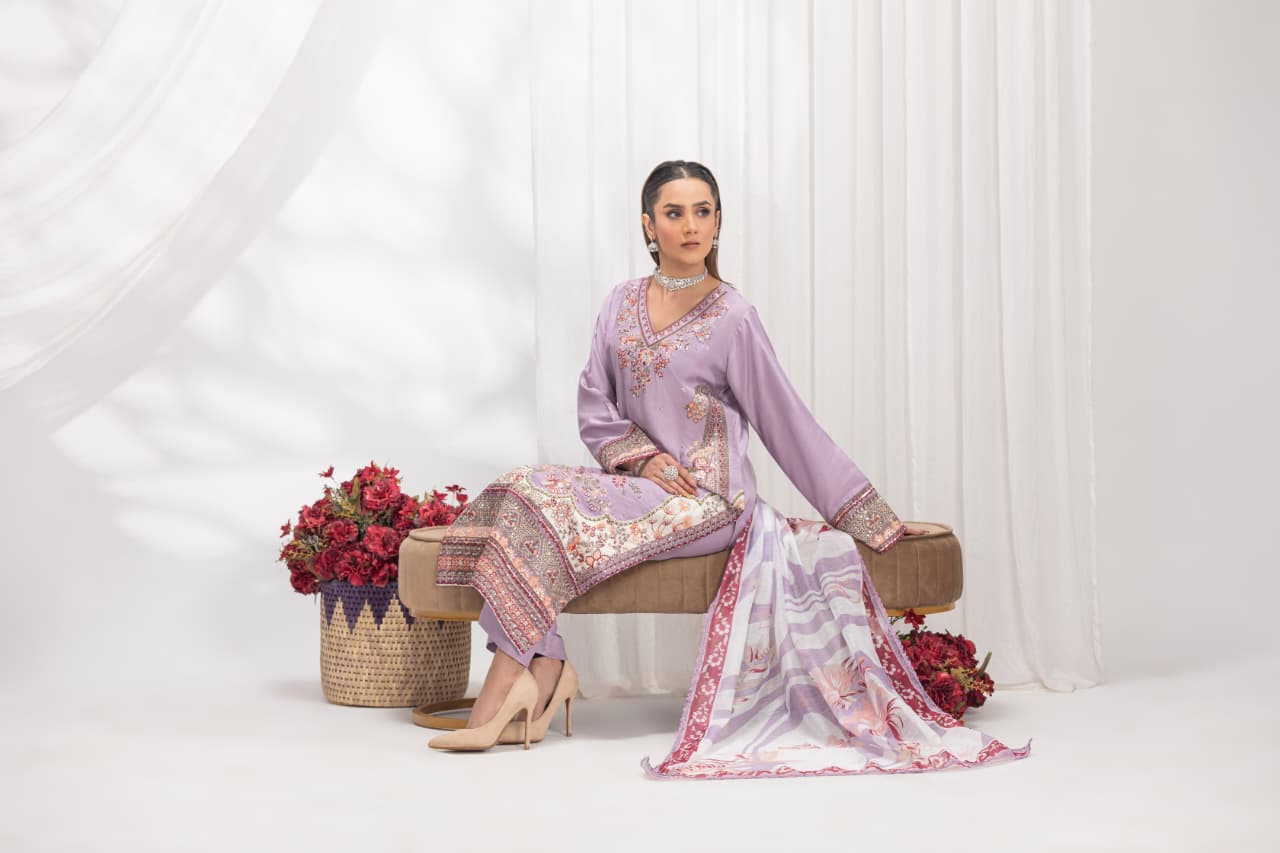 Hareemz Viscos Monark Digital Dupptta Stitched 3 Piece Suit Color Pink