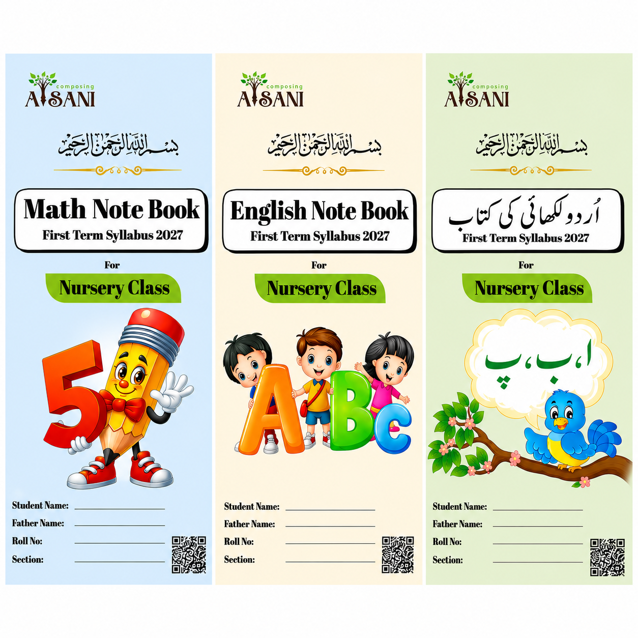 Nursery First Term Syllabus Notebooks 2027 | Math, English & Urdu | Premium School Notebook Covers