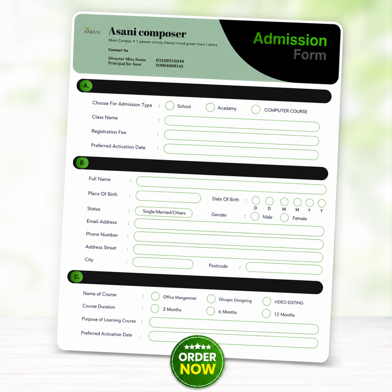 Professional Admission Form Design for Schools, Academies & Computer Institutes